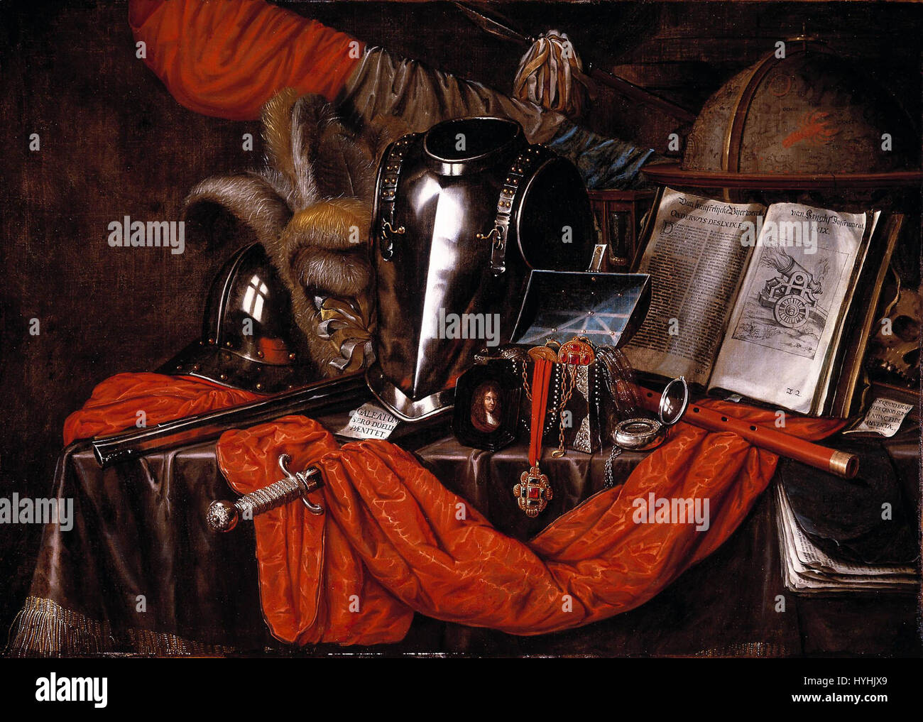 A Vanitas von Edward Collier ist ein Stillleben aus dem 17. Jahrhundert, typisch für das Vanitas-Genre. Das Kunstwerk betont die flüchtige Natur des Lebens und enthält Symbole wie Schädel, Sanduhren und welkende Blumen, um die Sterblichkeit zu vermitteln. Es spiegelt den Fokus des niederländischen Barocks auf die Vergänglichkeit und die Vergänglichkeit weltlicher Besitztümer wider. Stockfoto