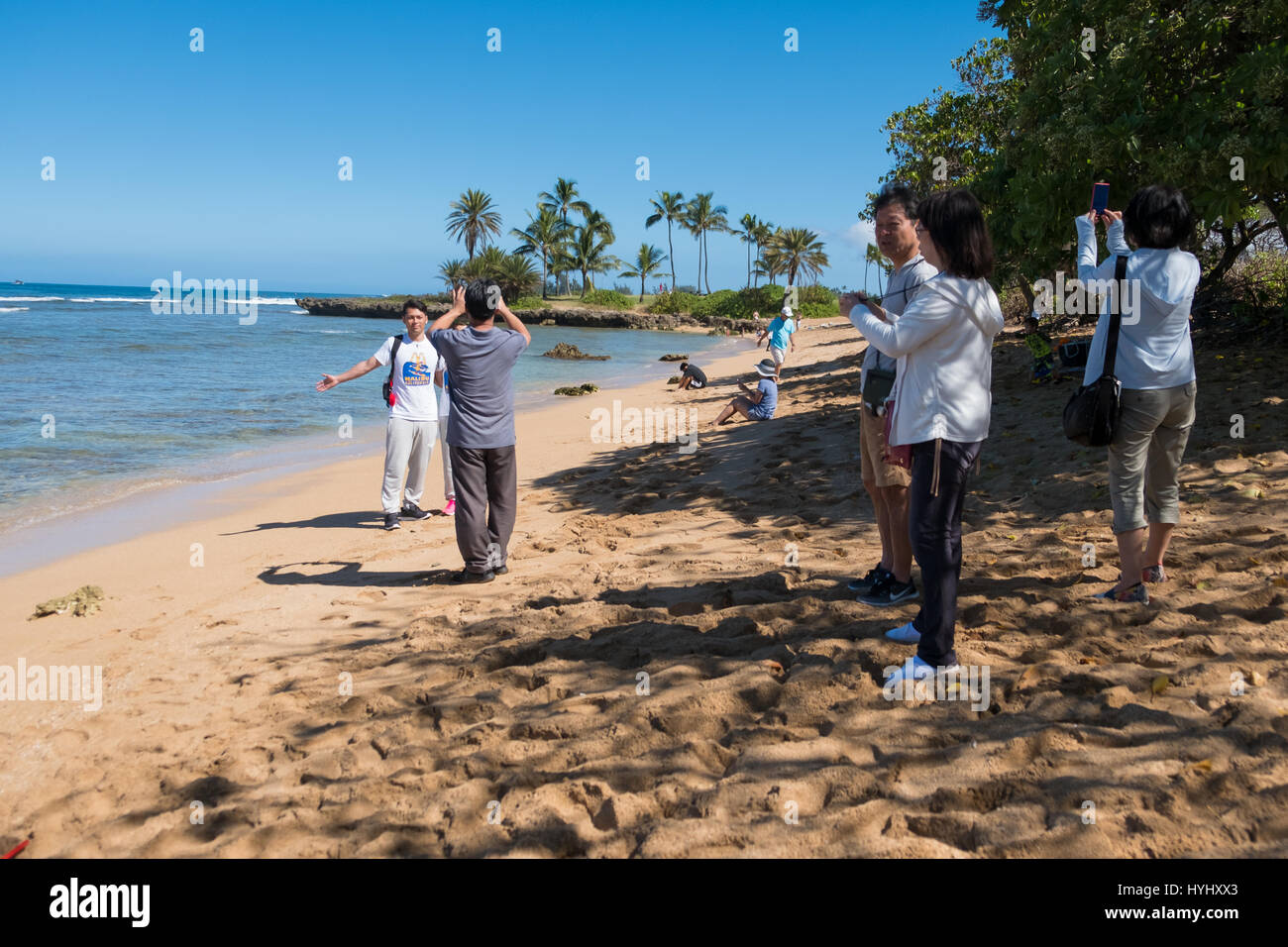 HALEIWA, OAHU, HAWAII - 15. Februar 2017: Touristen füllen den Strand und nehmen Sie Bilder und Selfies mit Fotohandys, nach ein Tour-Bus h kann aus Stockfoto