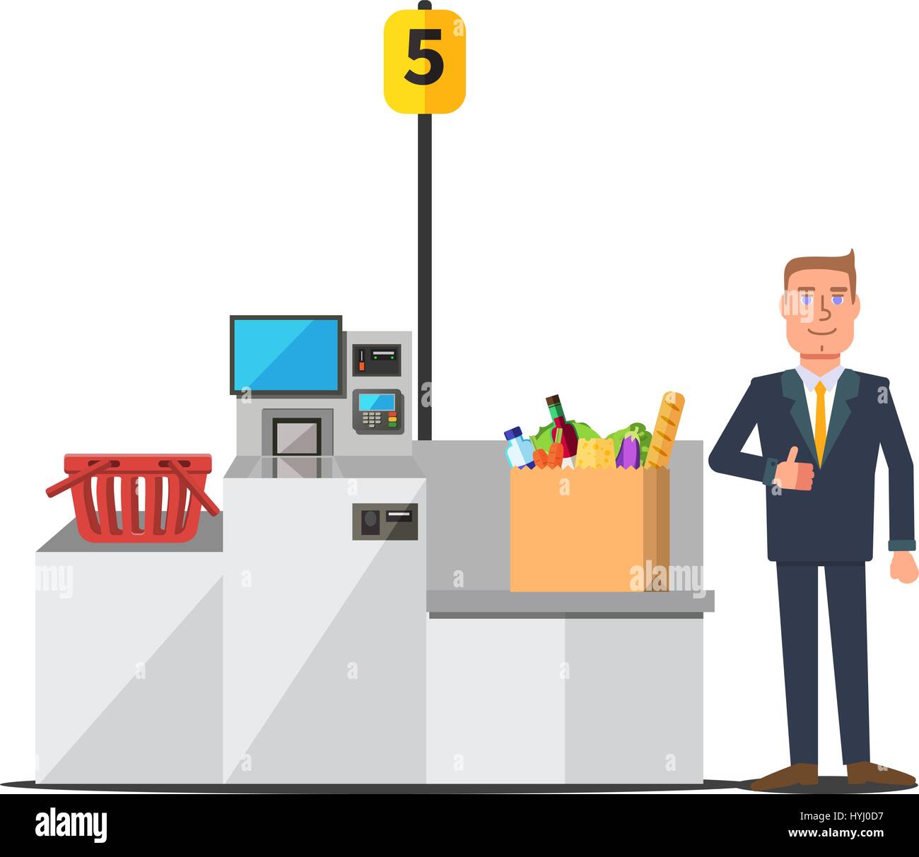 Vektor männlichen zufriedener Kunde in einem Business-Anzug mit Self Checkout registrieren. Große Papiertüte voller Lebensmittel. Rote leere Warenkorb. Graues Metall selbst Stock Vektor