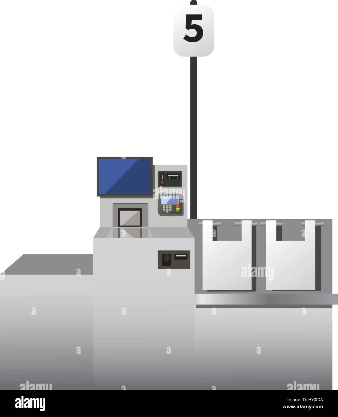 Vektor-Self Checkout-Maschine. Graues Metall Register mit Touchscreen, Optionen für Karten und Barzahlung. Abfüll-Bereich. Isoliertes Objekt auf weißen Hinterg Stock Vektor