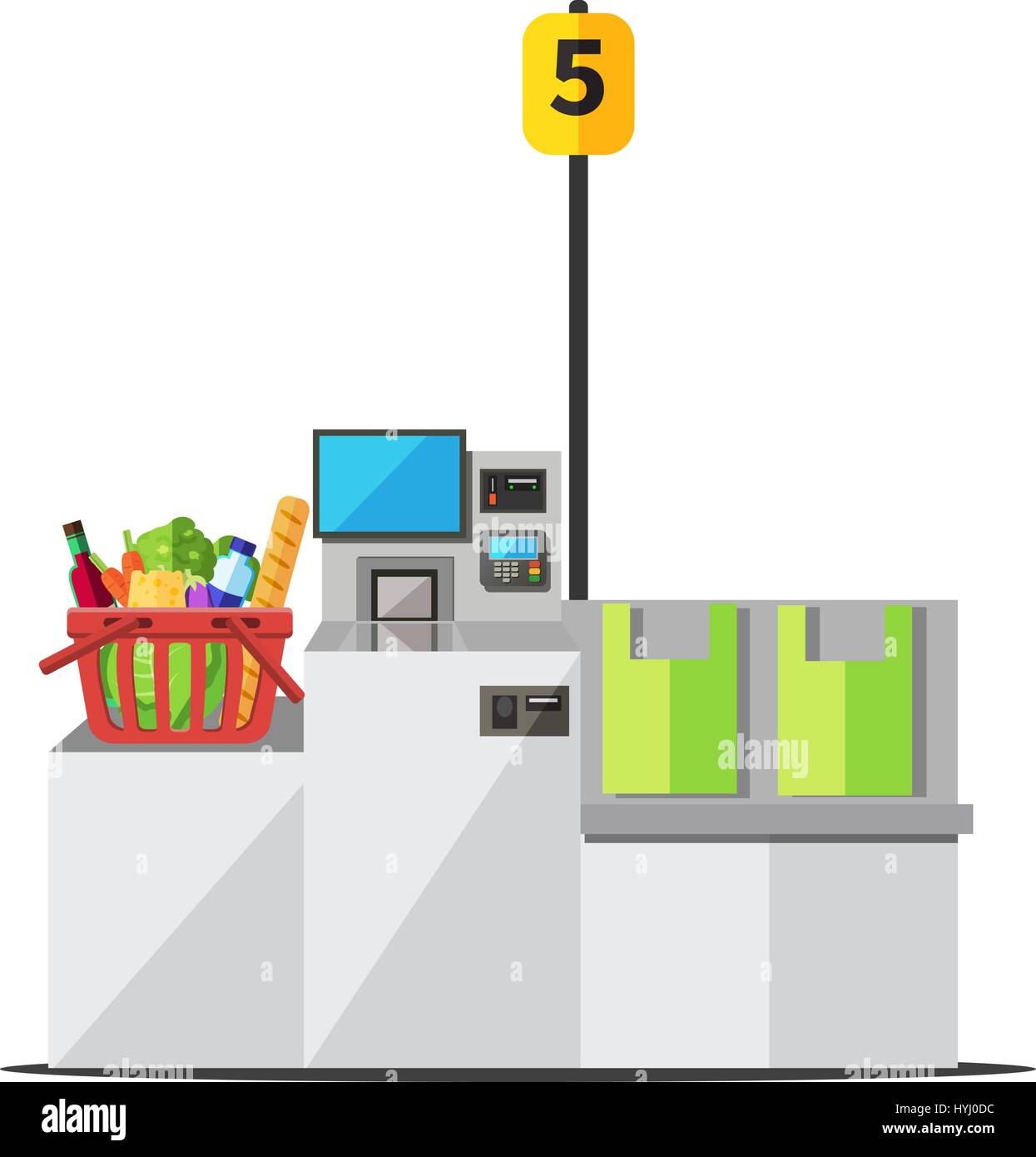 Vektor-roten Einkaufswagen voller Lebensmittel stehen auf einer grauen Metall Self Checkout-Maschine mit Bargeld und Kartenzahlung und Absackung Bereich Stock Vektor