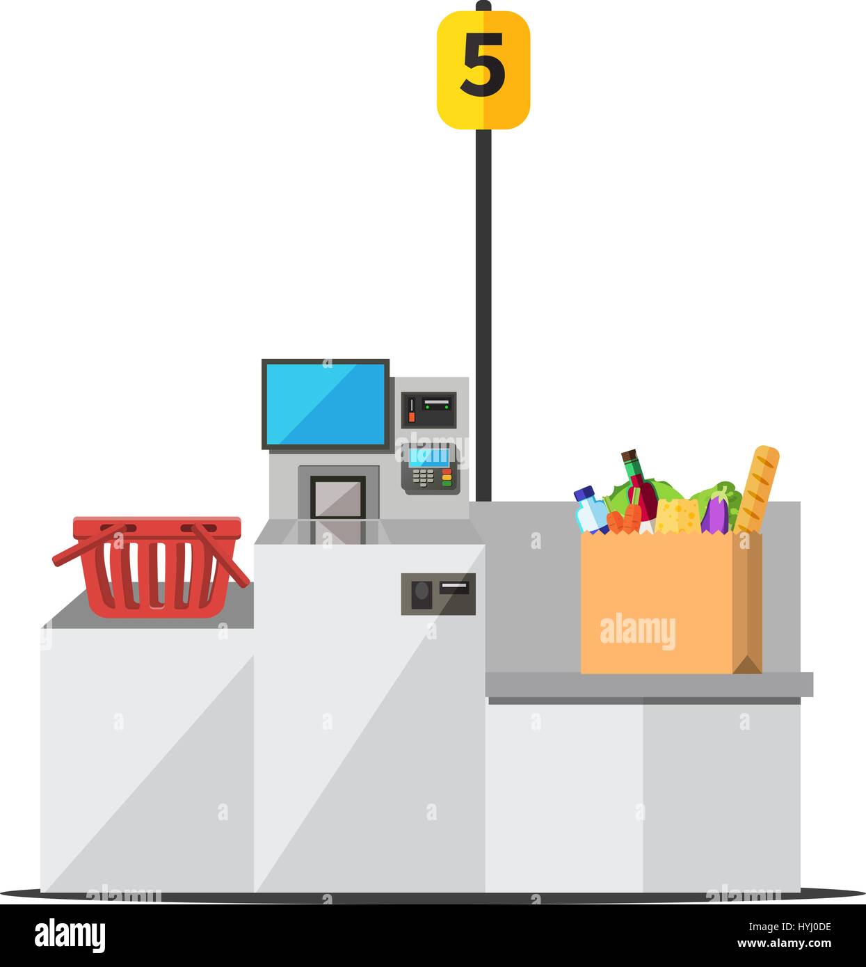 Vektor große Shopping Papiertüte voller Lebensmittel stehen auf einer grauen Metall Self Checkout-Maschine mit Bargeld und Karte Zahlung und Absacken Bereich. Leere rot s Stock Vektor