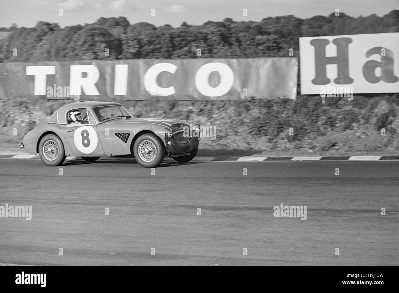 Austin Healey sports Car-Rennen in Brands Hatch in England in den 1960er Jahren. Stockfoto
