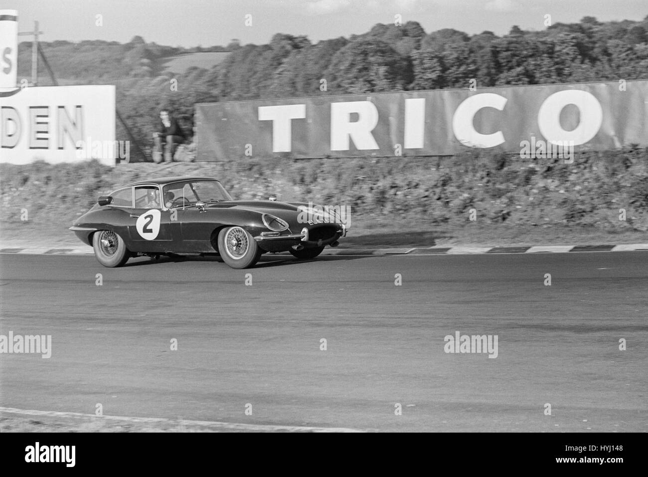 Jaguar E-Type, Registrierung ELA 76C Rennen in Brands Hatch in England. Stockfoto