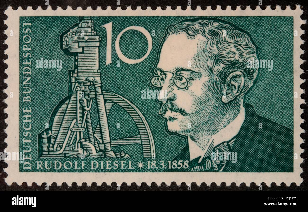 Deutsche Briefmarke, Porträt des deutschen Erfinders und Maschinenbau-Ingenieur Rudolf Diesel Stockfoto