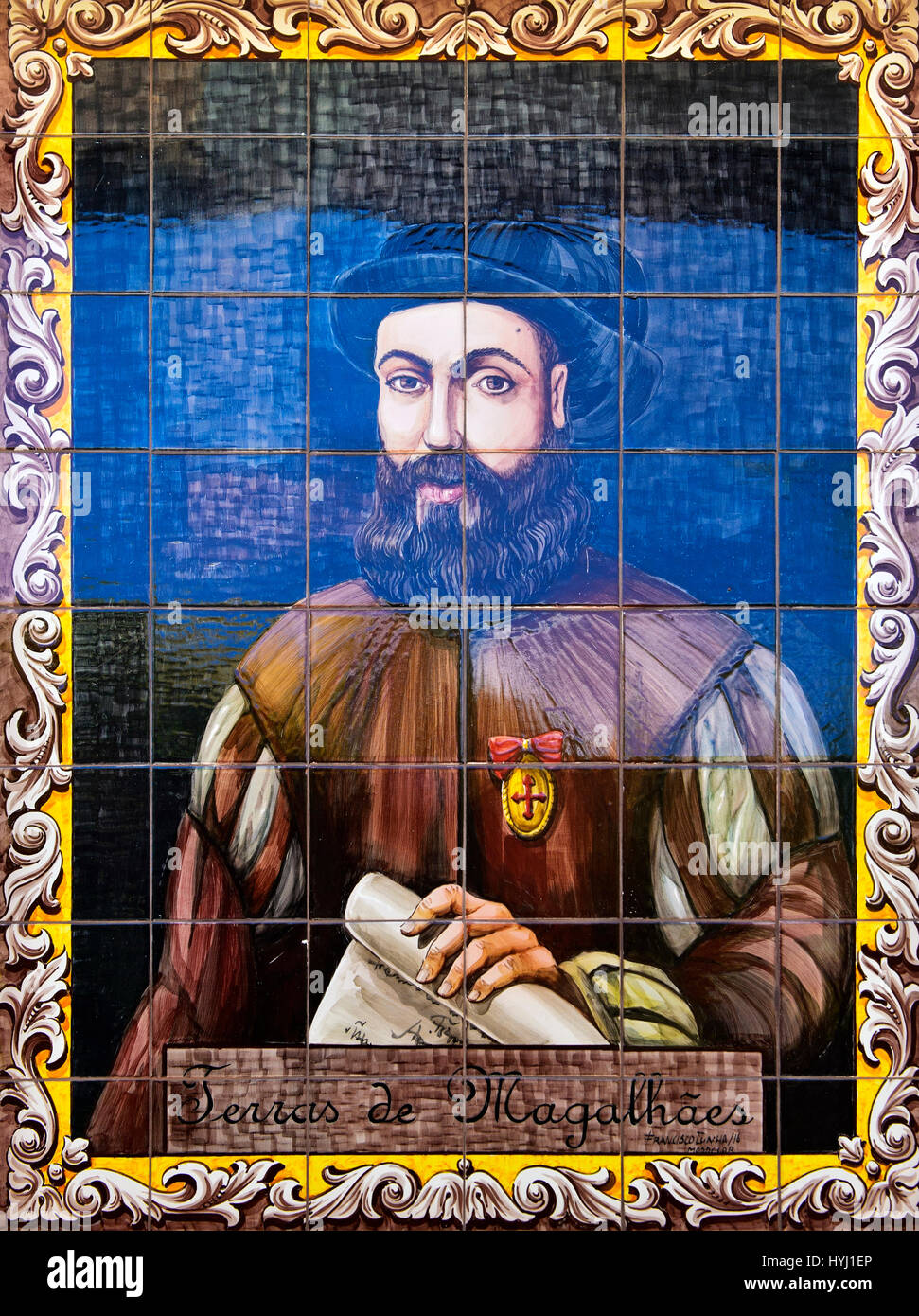 Azulejos Kearamik Fliesen, Porträt von Ferdinand Magellan, Fernao de Magalhaes, Pinhao, Douro-Tal, Portugal Stockfoto