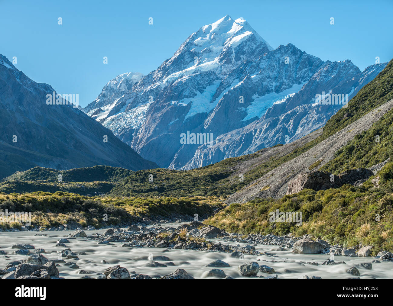 Landschaftsblick auf Mt. Cook und Gletscher See, New Zealand Stockfoto