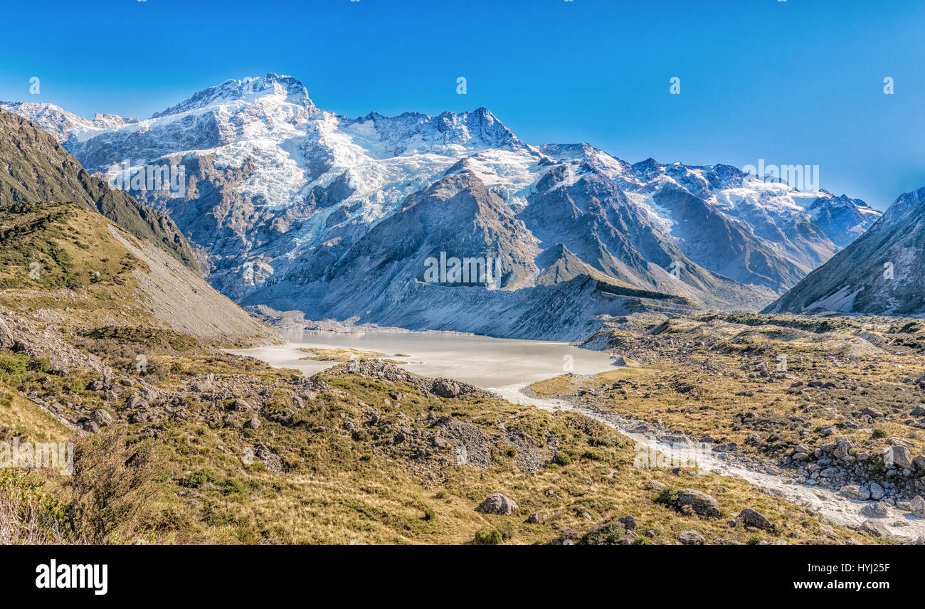 Landschaftsblick auf Mt. Cook und Gletscher See, New Zealand Stockfoto