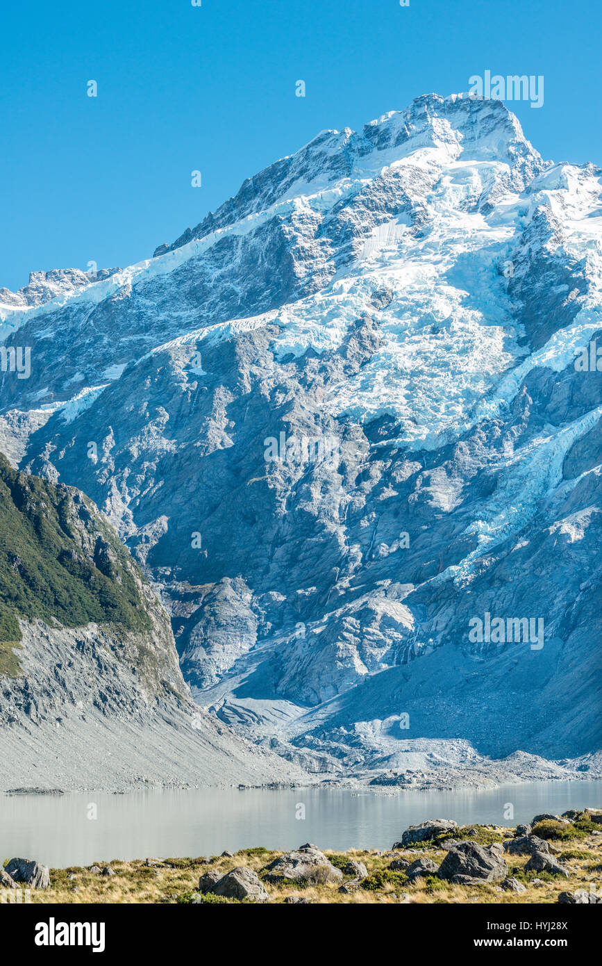 Landschaftsblick auf Mt. Cook und Gletscher See, New Zealand Stockfoto