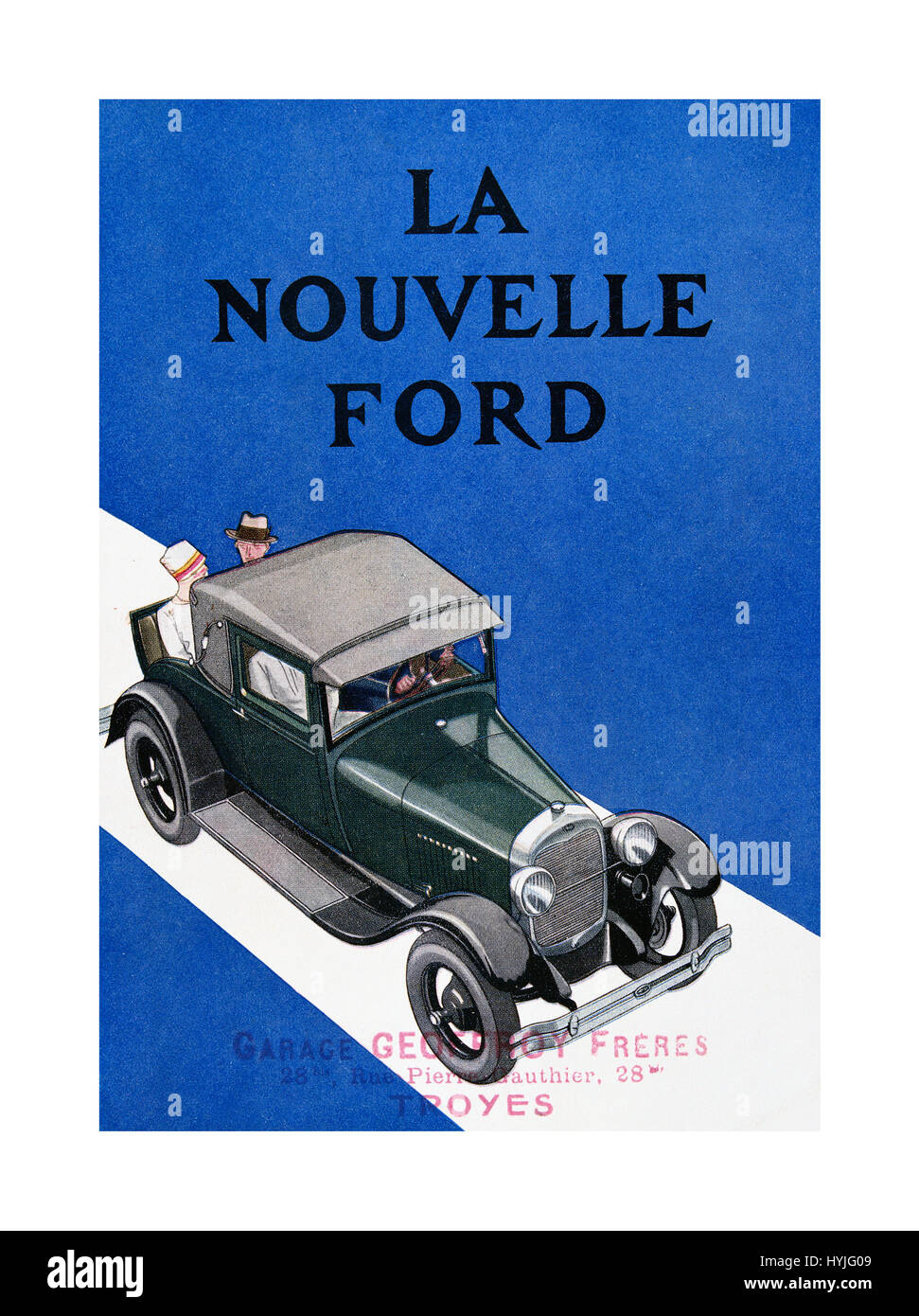 1928 VINTAGE FORD AUTOMOBILE BROSCHÜRE La Nouvelle Ford - Ford Sport Coupé Landau mit Französischen overstamp aus Automobil Werkstatt in Troyes Frankreich Stockfoto
