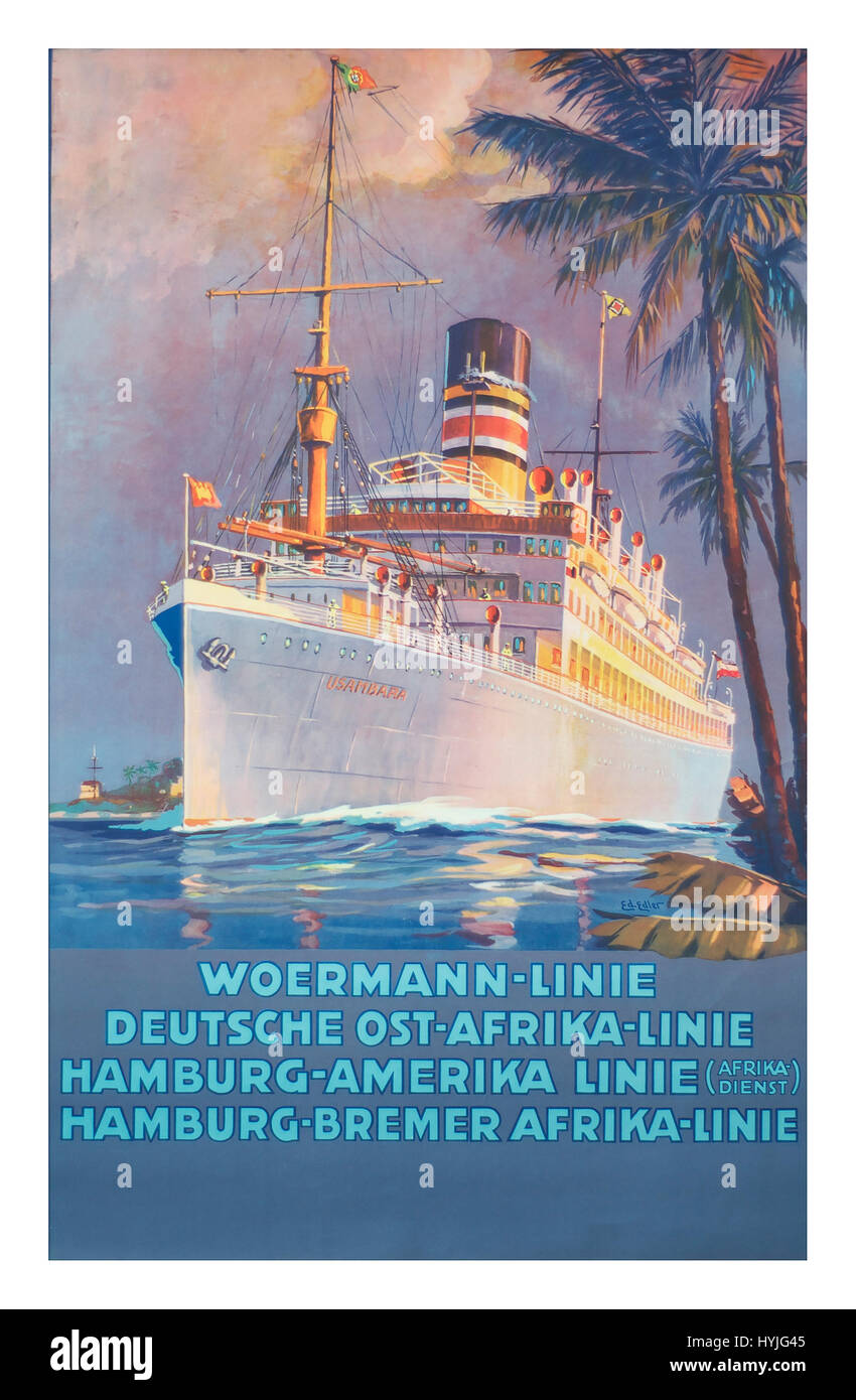 1920 Plakat werbung die Woermann Linie, mit Dienstleistungen von Deutschland nach Afrika und Amerika. Vintage Cruise Line Poster Woermann, English Ost-Afrika, Hamburg-Amerika, Hamburg-Bremer / Leitungen" Stockfoto