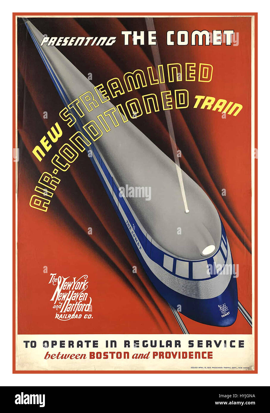 1935-Werbeplakat von The New York, New Haven und Harford Railroad Co namens The Comet, neue optimierte klimatisierten Zug. Dies ist das offizielle Plakat für die erste "Hochgeschwindigkeitszug" in New York tätig. Stockfoto