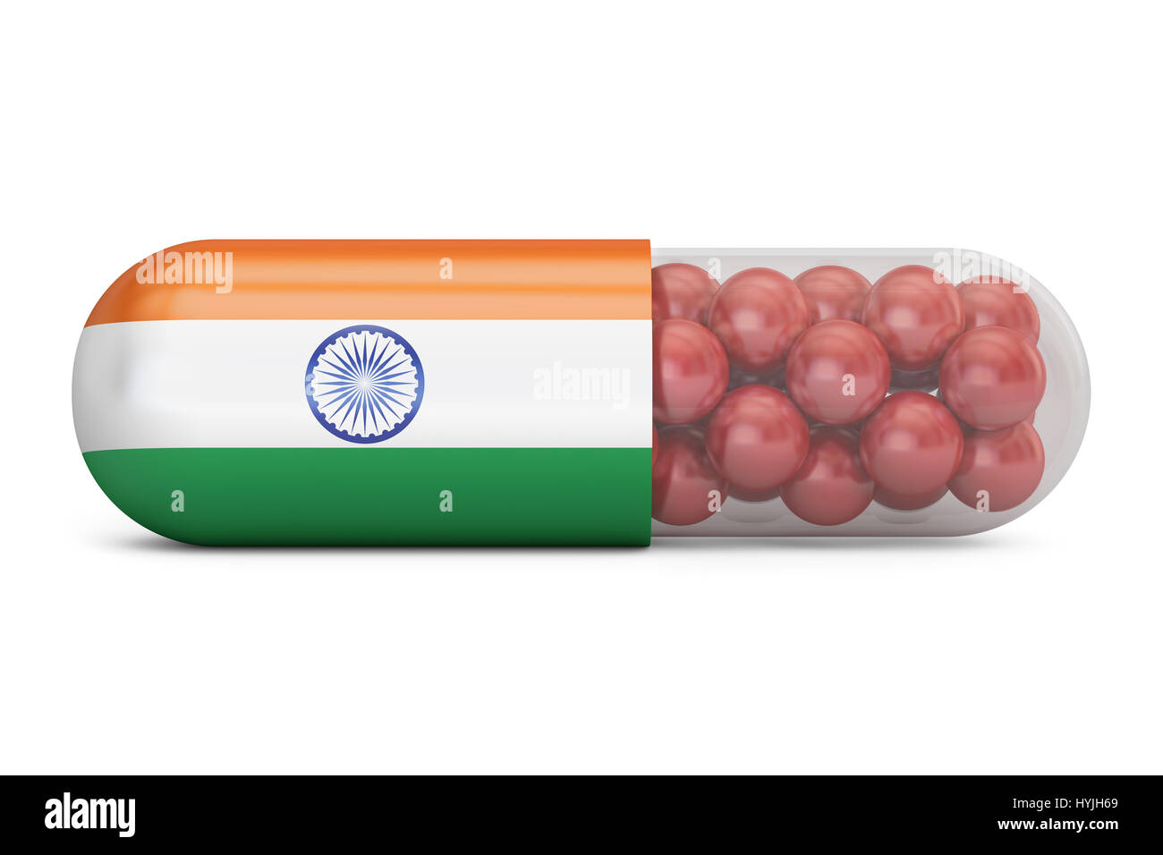 Pille-Kapsel mit Indien Flagge. Indische Gesundheitswesen Konzept, 3D rendering Stockfoto