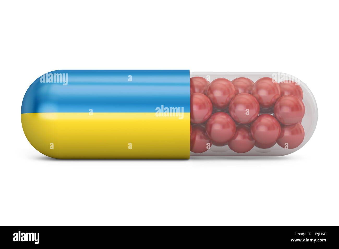 Pille-Kapsel mit Flagge der Ukraine. Ukrainische Gesundheitswesen Konzept, 3D rendering Stockfoto