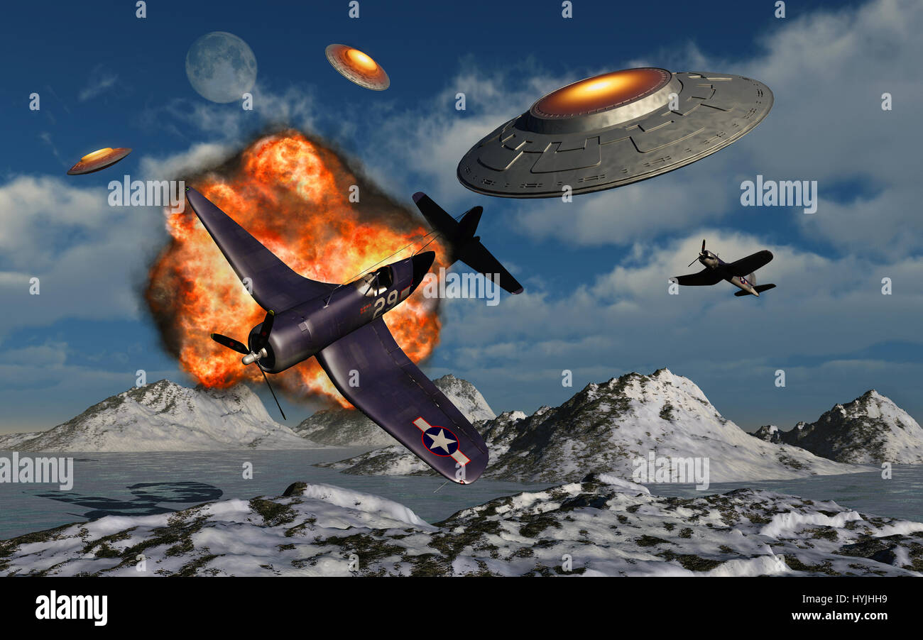 Ein Kampf zwischen amerikanischen Truppen & eine Flotte von mysteriösen UFOS. Bekannt als Operation Hochsprung. Die in der Antarktis stattfand. Stockfoto