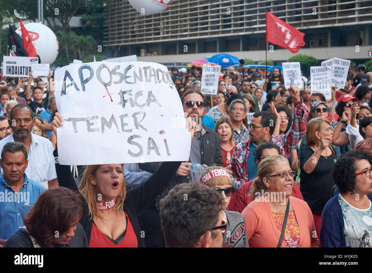 Sao Paulo, Brasilien - 31. März 2017: Protest der Arbeiter gegen Präsident Michel Temer, gegen Reform der Sozialversicherung, gegen Korruption und gegen Stockfoto