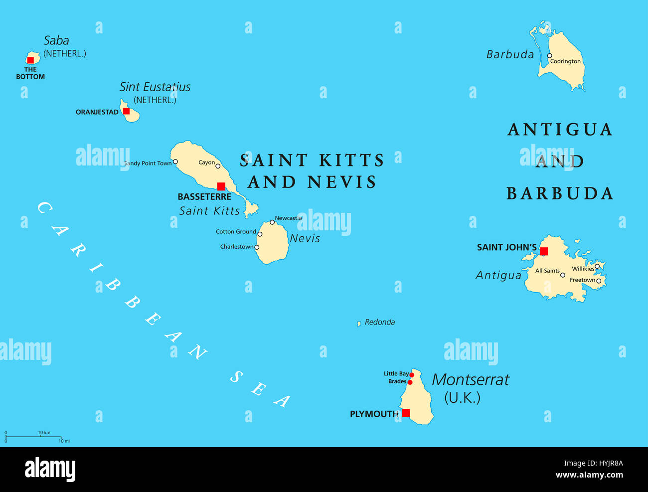 St. Kitts und Nevis, Antigua und Barbuda, Montserrat, Saba und Sint Eustatius politische Karte. Inseln in der Karibik. Stockfoto