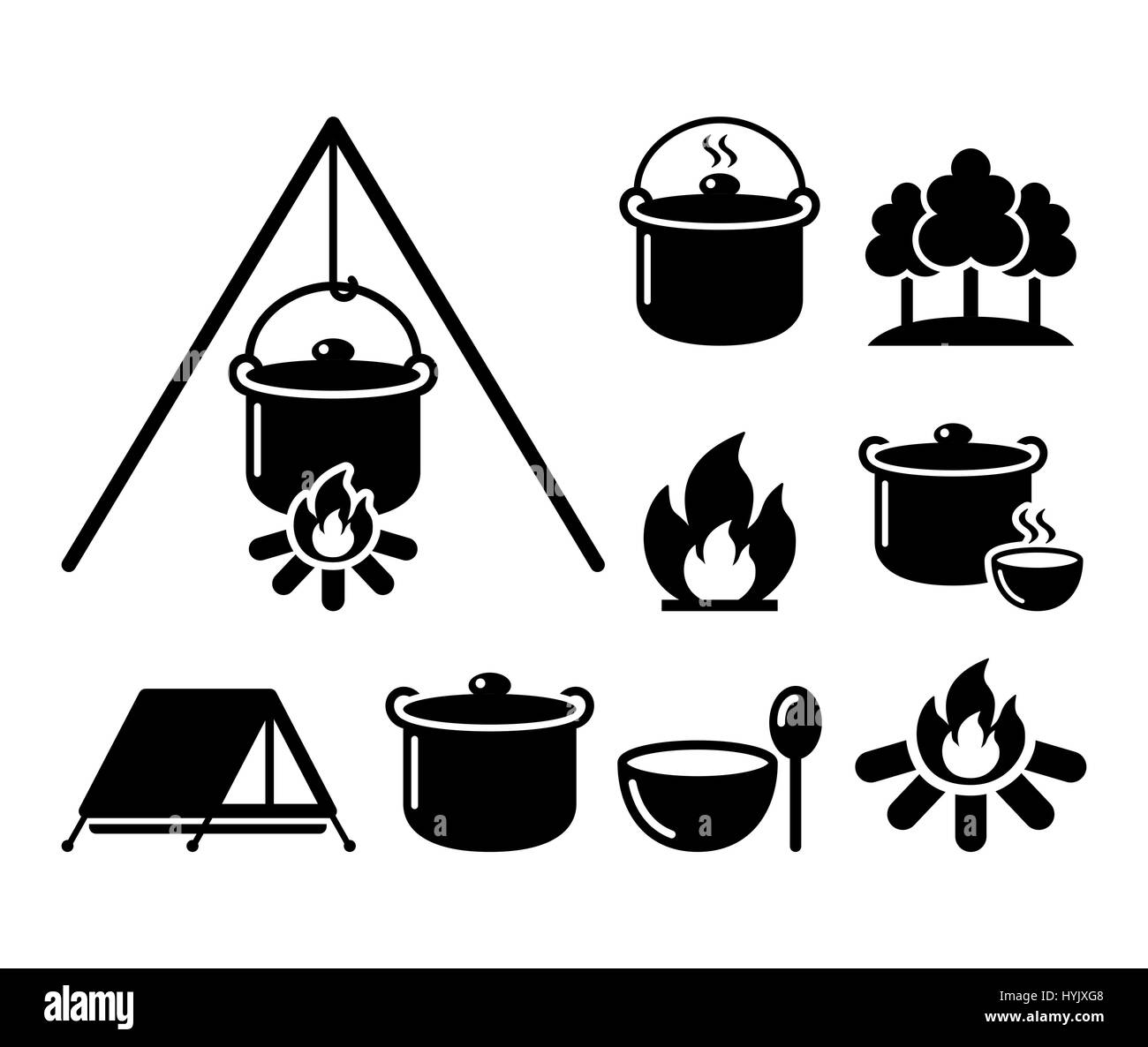 Kochen über dem Feuer, Wandern Lagerfeuer kochen, Icons set Stock Vektor