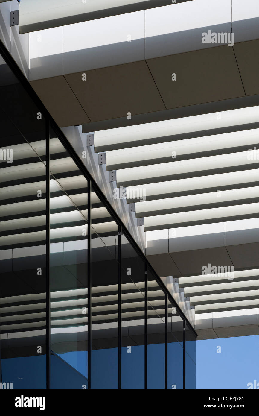 Detail aus Glas und Lamellen. Jenner Buillding Pirbright Institute, Guildford, Großbritannien. Architekt: NBBJ, 2017. Stockfoto