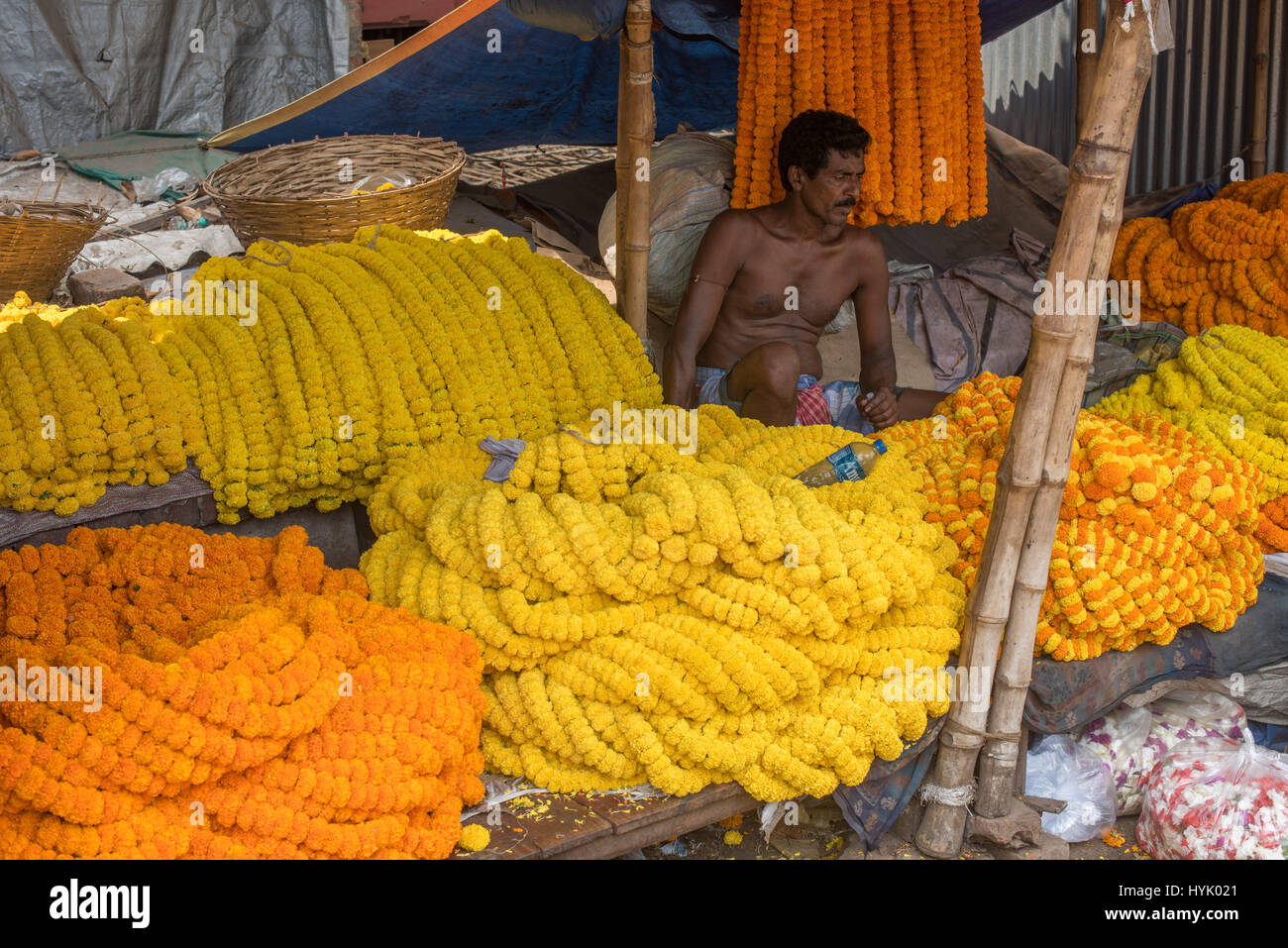 Blumenverkäuferin auf Mullick Ghat Blumenmarkt, kolkata Stockfoto