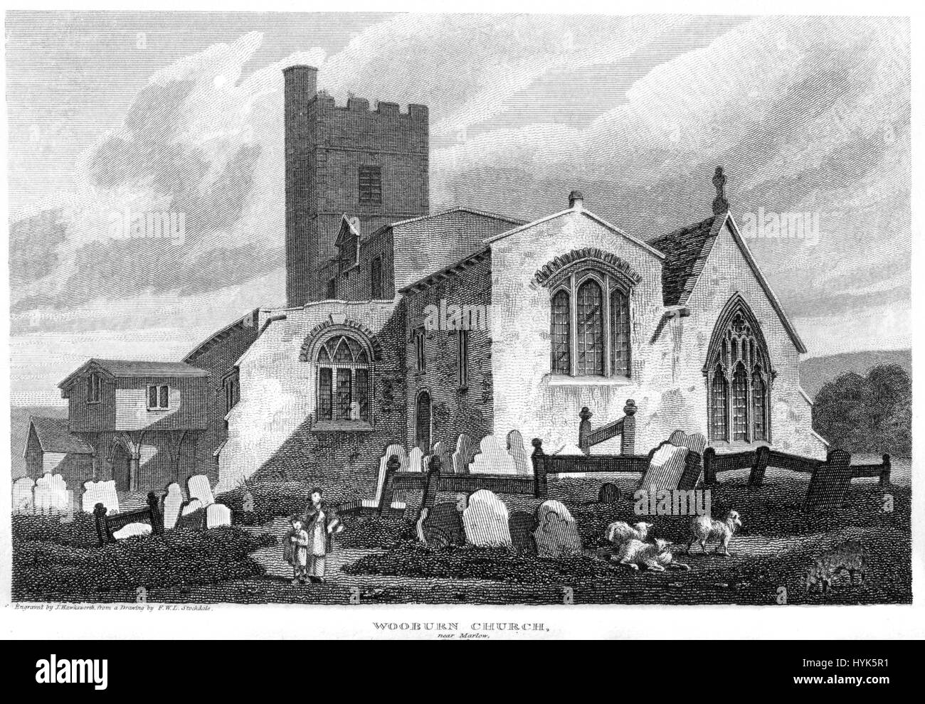Eine Gravur der Wooburn Kirche in der Nähe von Marlow mit hoher Auflösung aus einem Buch gescannt gedruckt im Jahre 1812.  Kostenlos copyright geglaubt. Stockfoto