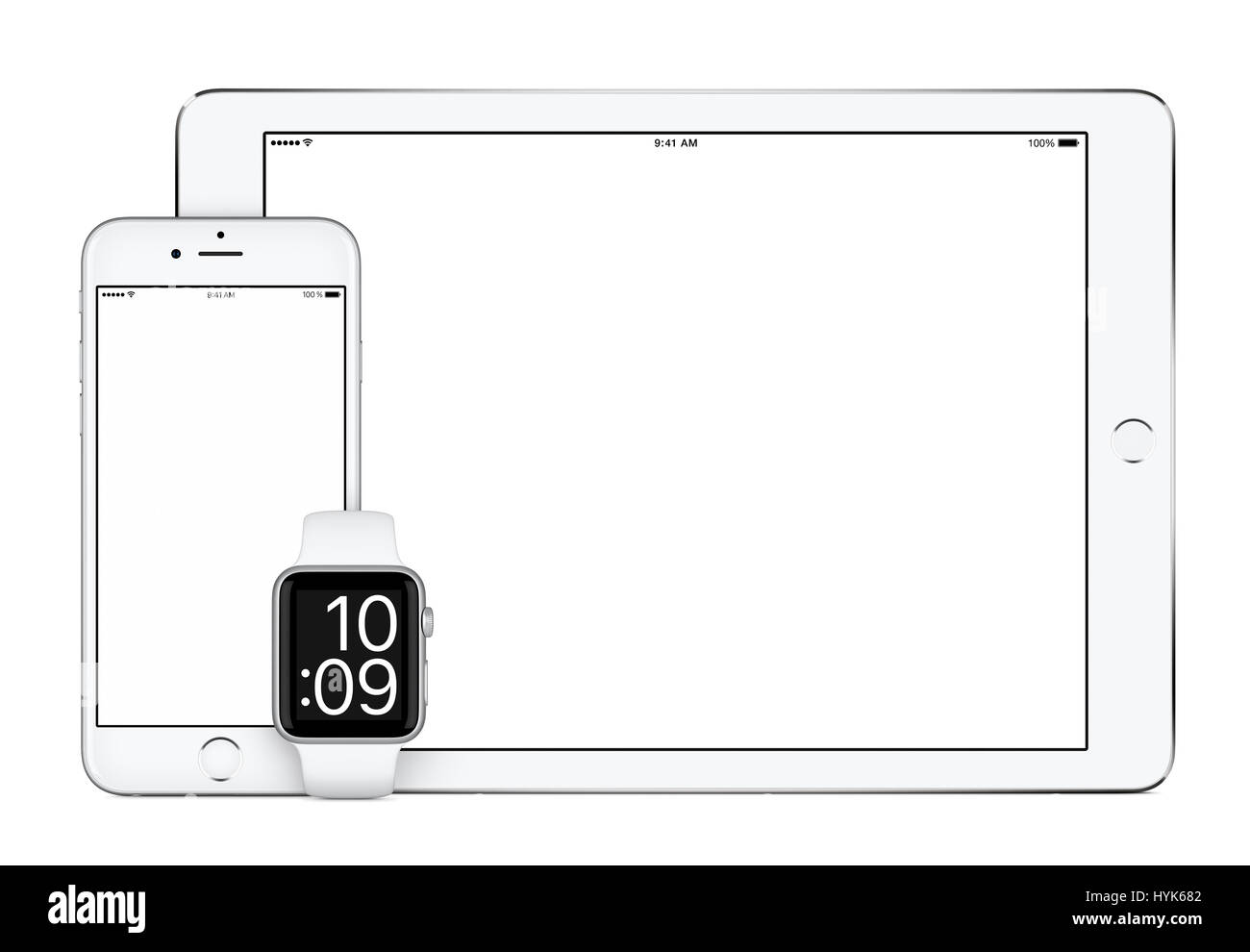Ansprechende Modell bestehend aus weiße TabletPC, mobile Smartphone und Smartwatch. Alle Geräte im Fokus. Isoliert auf weißem Hintergrund. Technologie-set Stockfoto
