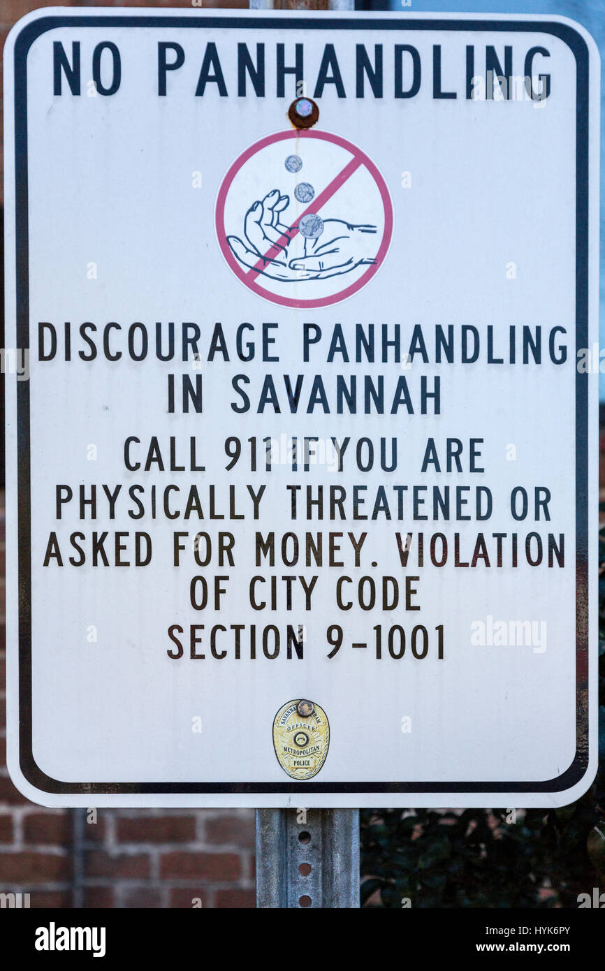 Savannah, Georgia.  Betteln Verbotszeichen. Stockfoto