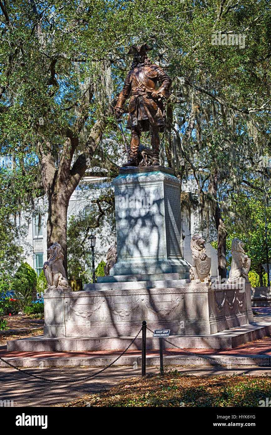 Savannah, Georgia.  James Oglethorpe Statue, von Daniel Chester French, Chippewa Square. Stockfoto