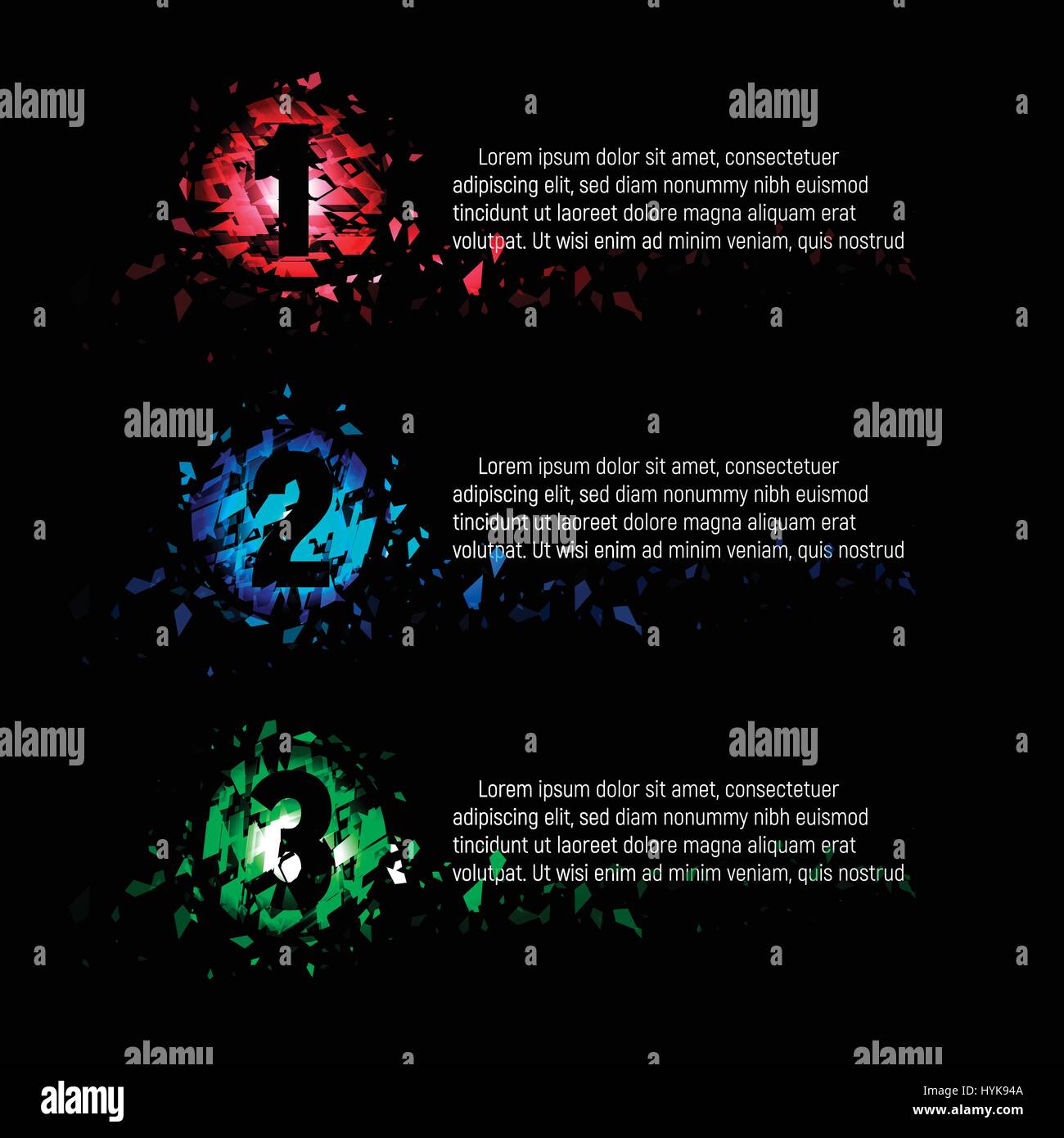 Isolierte abstrakt bunt Runde Symbolnummern 1,2,3 von Glasscherben mit Text auf schwarzem Hintergrund, Menü-Elemente-Präsentation-Vektor-illustration Stock Vektor