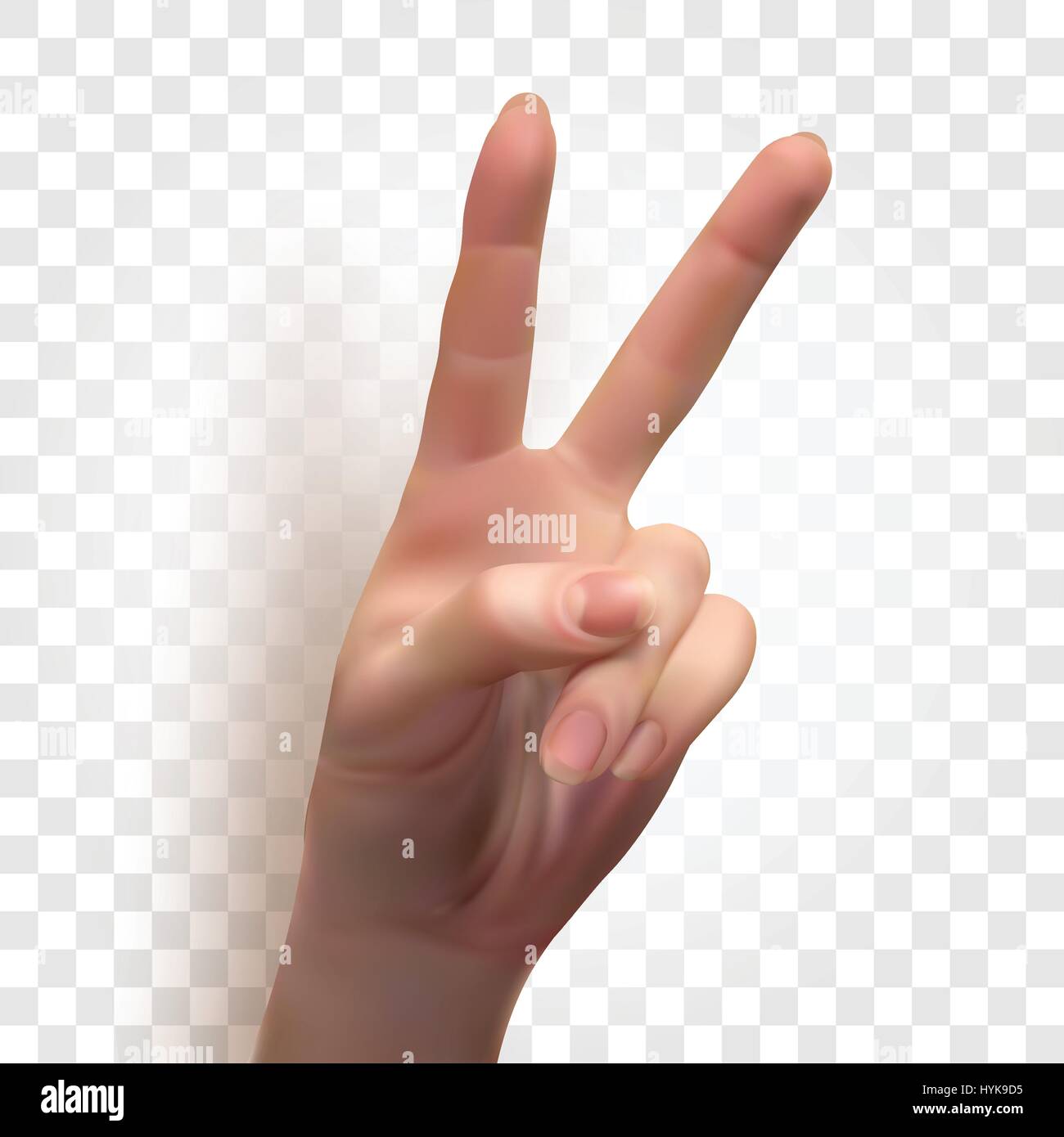 Isolierte abstrakte realistische menschliche Hand Bild auf karierten Hintergrund, zwei Finger Frieden oder Sieg Zeichen Vektor-illustration Stock Vektor