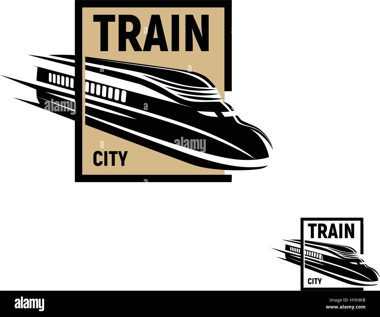 Isolierte abstrakt schwarz Zug in braun quadratisches Logo auf weißem Hintergrund, monochrome moderne Eisenbahn Transport Schriftzug, Eisenbahn Element in Gravur Stil-Vektor-illustration Stock Vektor