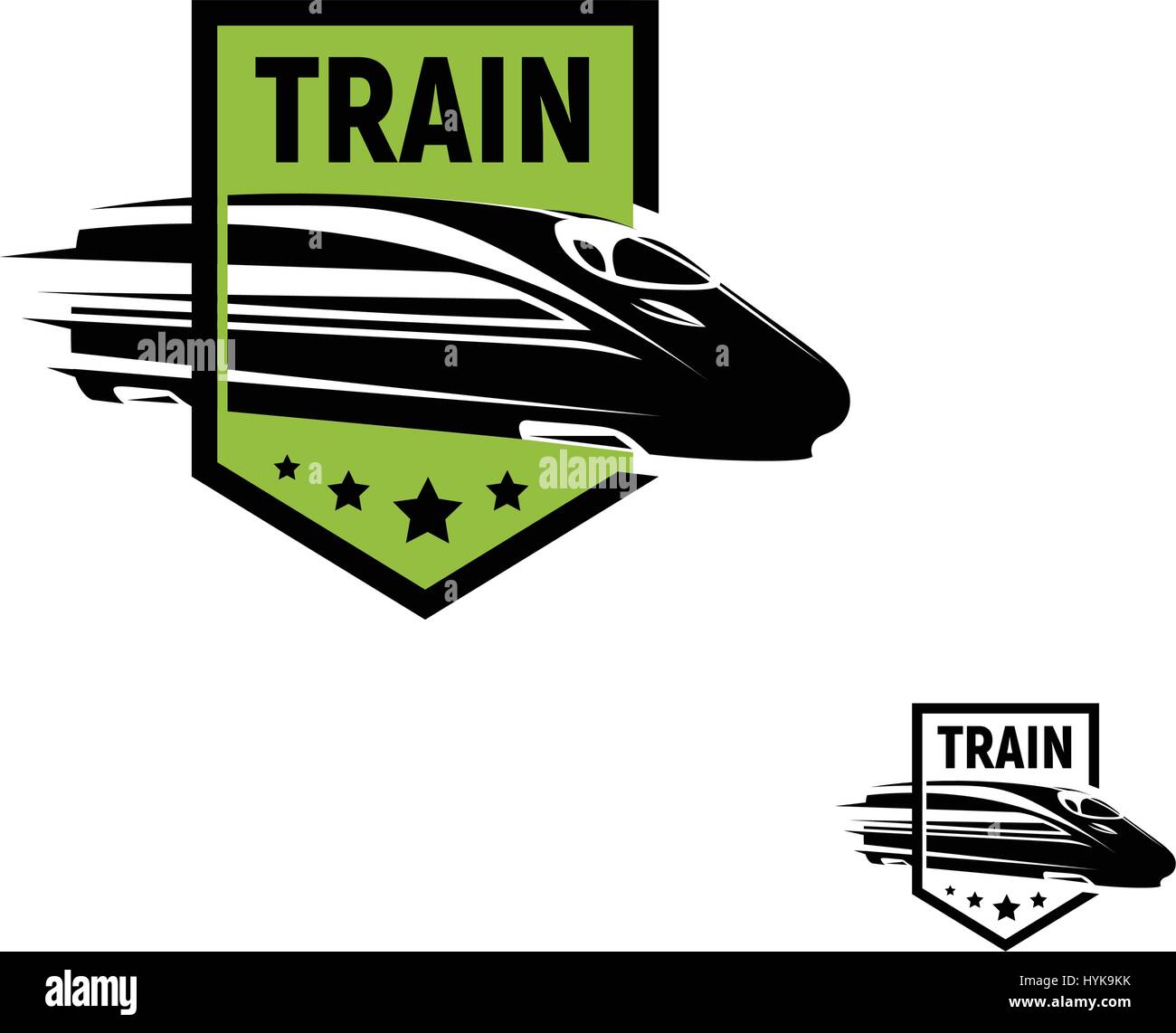 Isolierte abstrakt schwarz Zug im grünen Rahmen Logo auf weißem Hintergrund, monochrome moderne Eisenbahn Transport Schriftzug, Eisenbahn Element in Gravur Stil-Vektor-illustration Stock Vektor