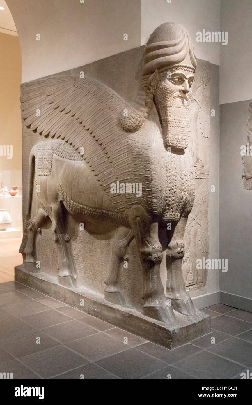 Stein gemeißelt unter der Leitung von menschlichen geflügelten Stier, assyrischen Palast, Nimrud, Irak, jetzt in das Metropolitan Museum of Art, New York Stockfoto