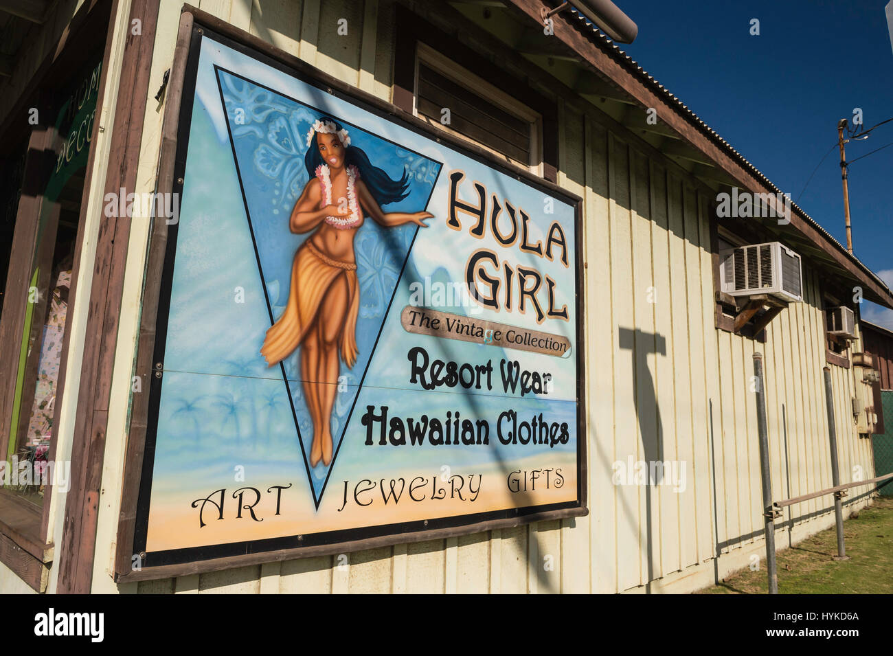 Hula-Mädchen, Kleidung Shop anmelden, Kapa'a, Kauai, Hawaii, USA Stockfoto