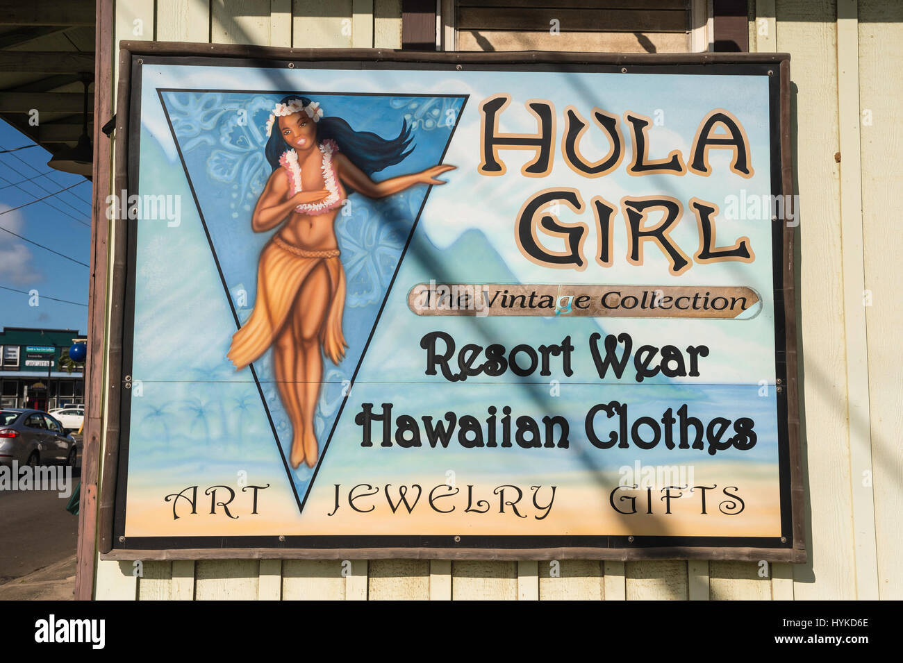 Hula-Mädchen, Kleidung Shop anmelden, Kapa'a, Kauai, Hawaii, USA Stockfoto