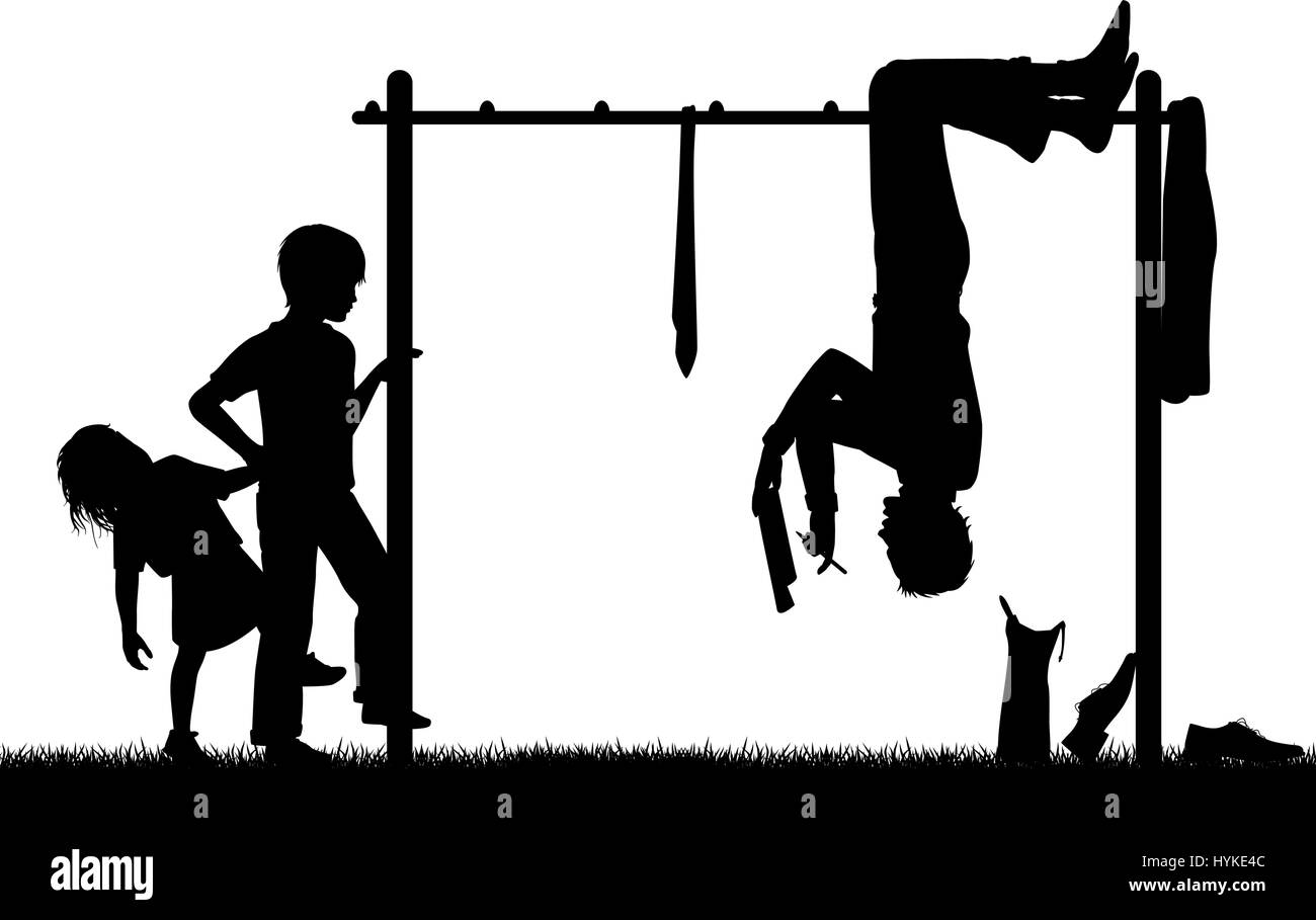 Bearbeitbares Vektor Silhouette eines Mannes kopfüber hängend auf einem Kinder Klettergerüst, eine neue Perspektive auf seine Arbeit mit Figuren als separate o Stock Vektor