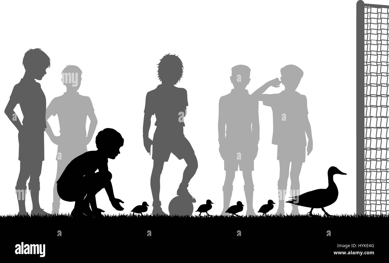 Editierbare Vektorgrafik Silhouette einer Familie von Enten stoppen Jungs spielen Fußball Stock Vektor