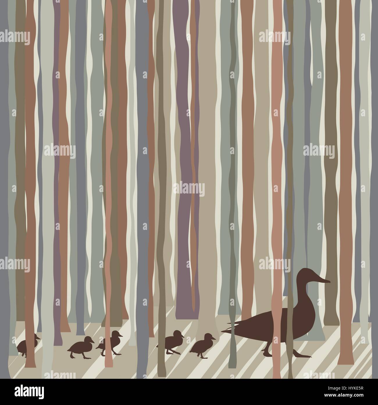Bearbeitbares Vektor-Illustration einer Ente Entenküken durch abstrakte Wald führt Stock Vektor