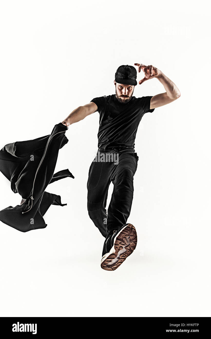 Die Silhouette von einem Hip-Hop-männliche Pause Tänzer tanzen auf weißem Hintergrund Stockfoto