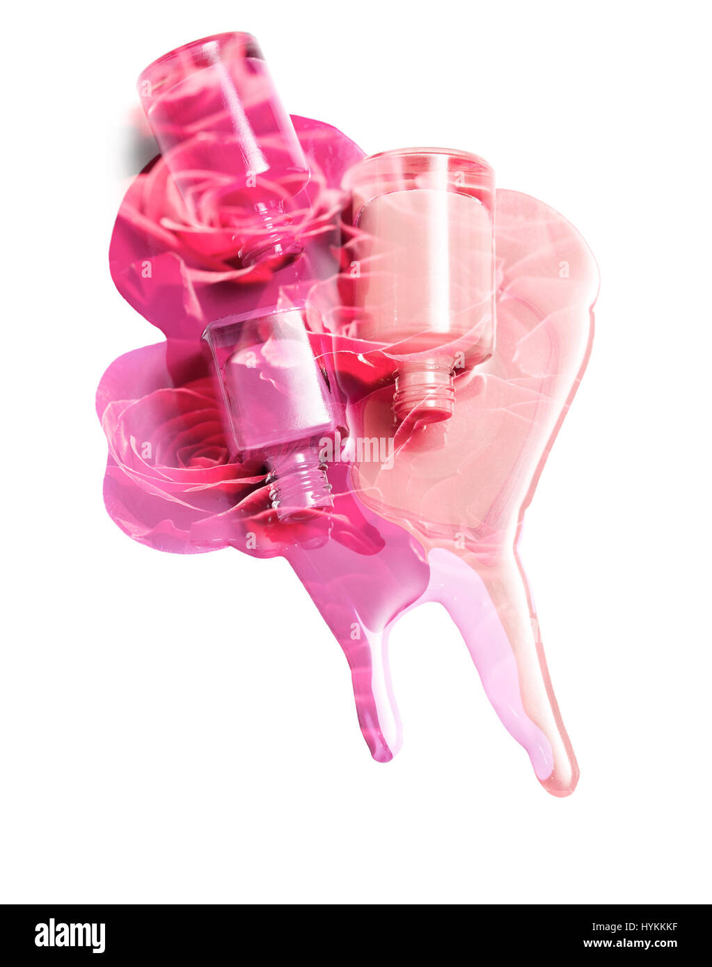 Doppelbelichtung: verschüttete Nagellack und einem Hintergrund von roten Rosen Stockfoto