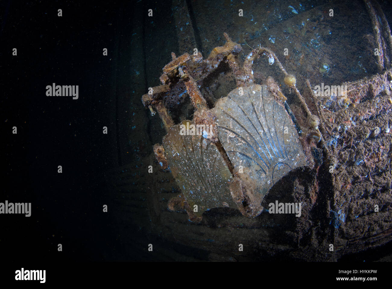 SPEKTAKULÄRE Unterwasserfotos haben 600 Fuß langen Reste einer amerikanischen Luxus Ozean Liner wandte sich US-Truppentransporter offenbart, die von Minen im 2. Weltkrieg versenkt wurde. Die atemberaubenden Aufnahmen zeigen das große 13.000 Tonnen Wrack der SS President Coolidge an der Unterseite des Pazifiks, aber die unerschrockene Taucher überwand die Gefahren der Tiefsee Wracktauchen von Wagen in den Hulk. Einige der luxuriösen Interieur ist noch sichtbar unter riesigen Schichten von Schlamm, während große Schalen gezogen wurden, aus dem Wrack als-auch gewöhnliche Alltagsgegenstände, einschließlich Flaschen und Töpfe unberührt gelassen, da sie vor Espiritu Santo sank Stockfoto