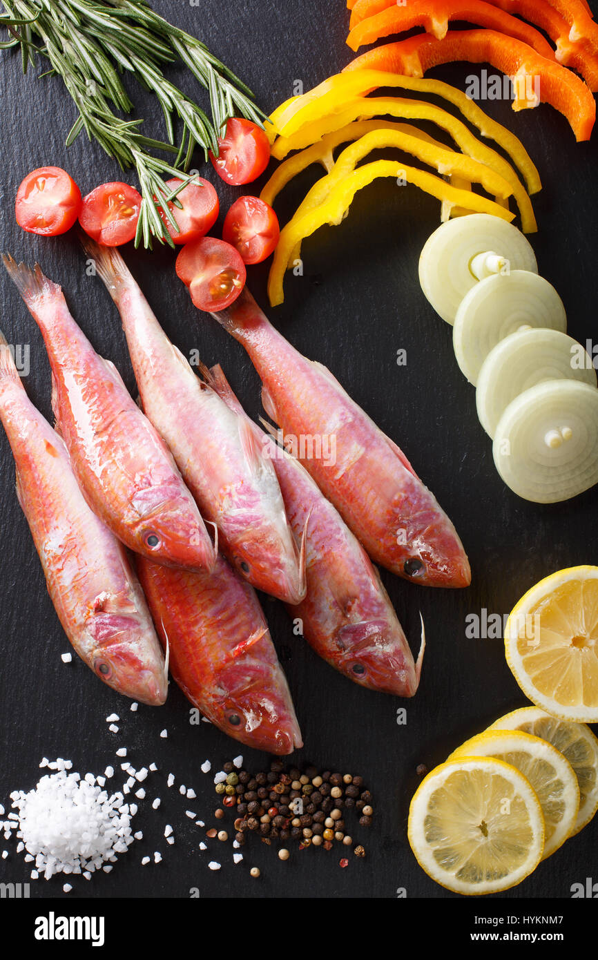 Roher Fisch Rotbarbe mit Nahaufnahme Zutaten auf den Tisch. Vertikale Ansicht von oben Stockfoto