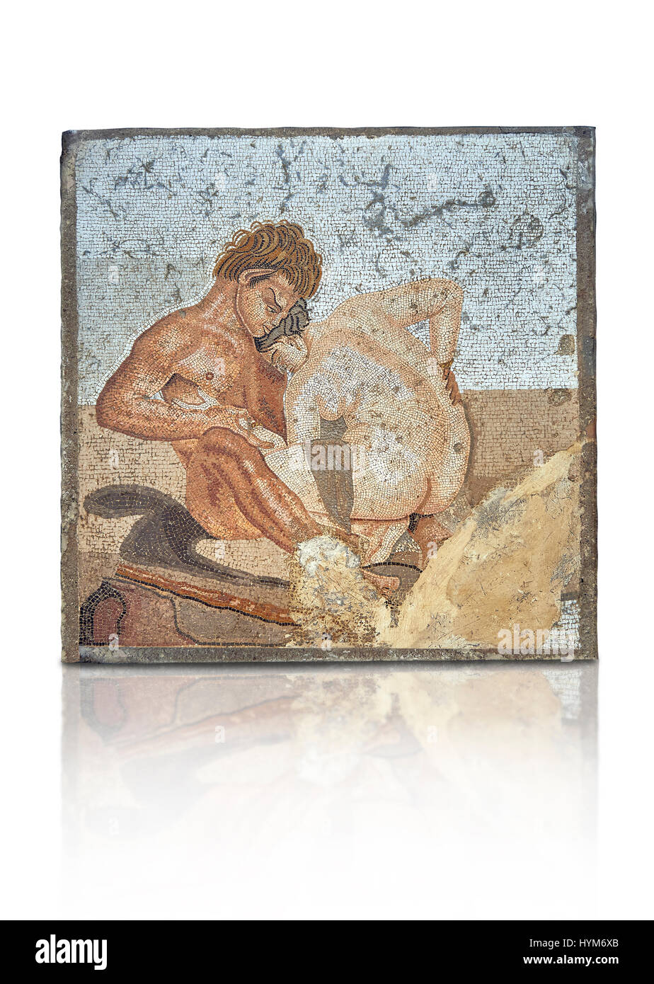 Roman Mosaic Satyr und Ninfa aus der Casa del Fauno (Haus des Fauns) Pompeji, Inv 27707, Archäologisches Nationalmuseum Neapel weiße Hinterg Stockfoto