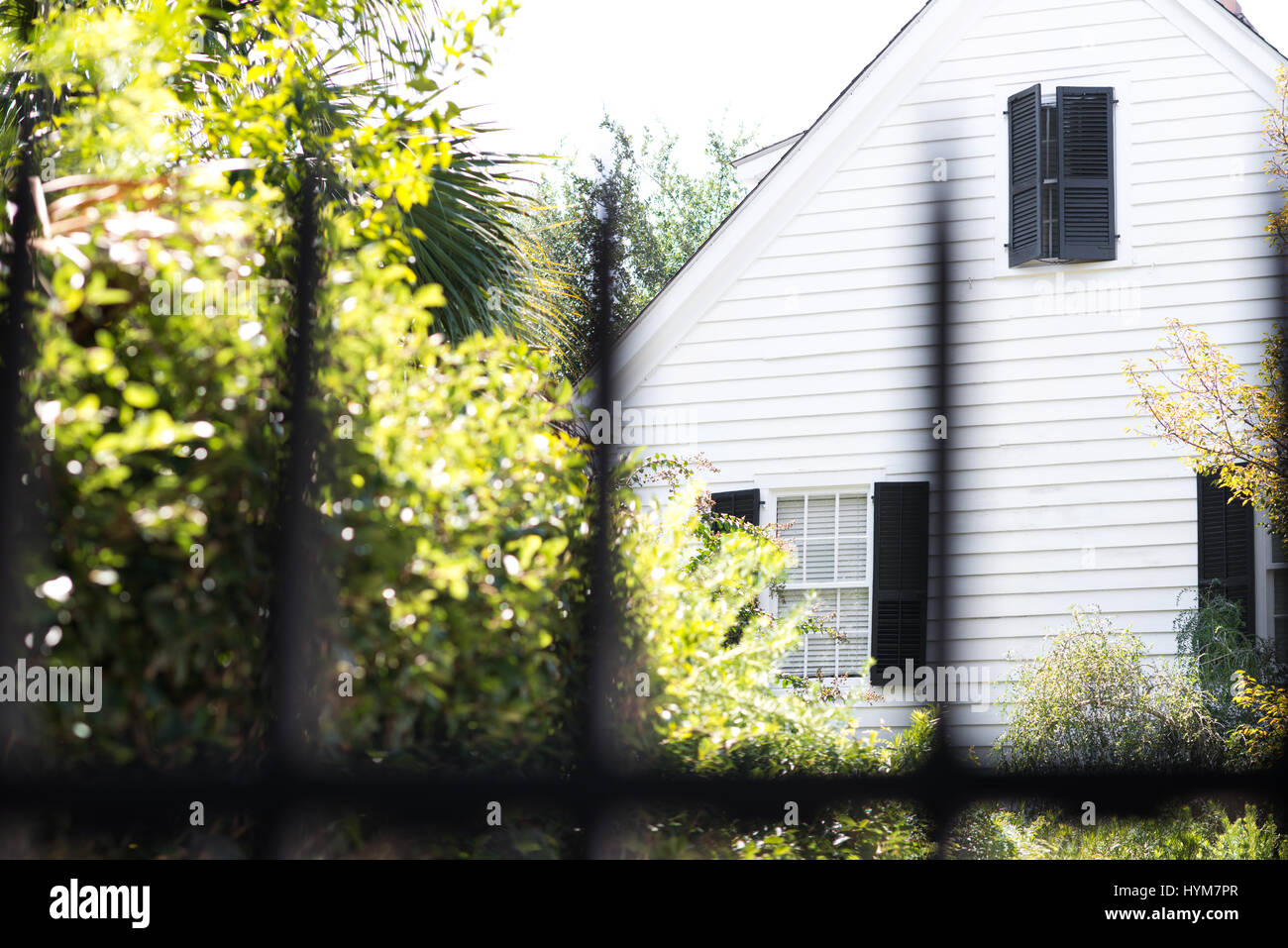 Spähen durch ein schwarzes Eisenzaun am weißen Kolonialstil Haus in Charleston, South Carolina Stockfoto