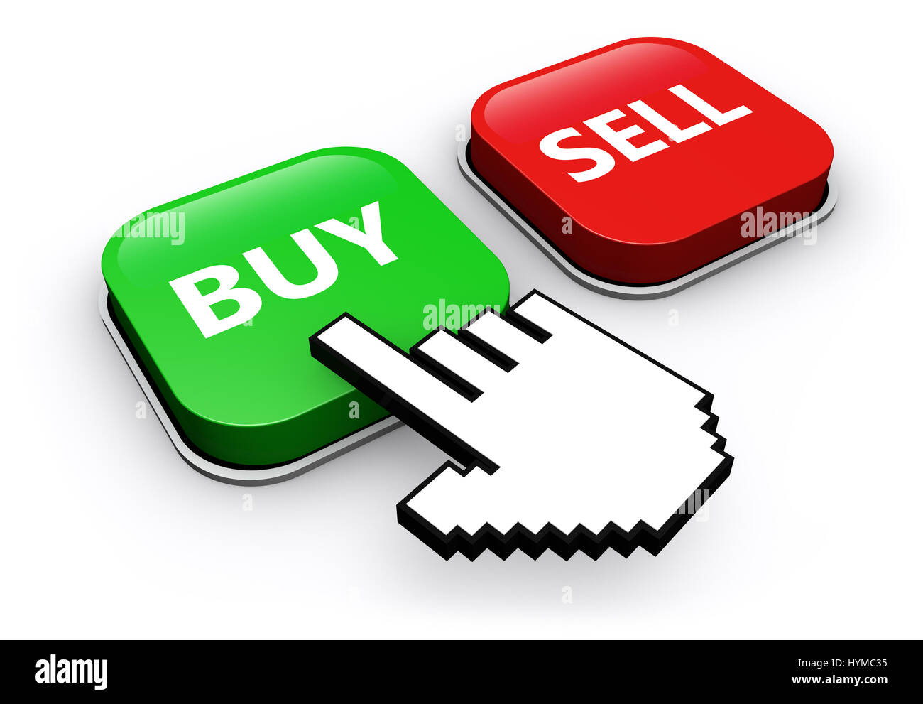 Hand Symbol anklicken kaufen oder verkaufen, Web-Taste Online-Verkauf und Kauf von 3D Illustration Konzept. Stockfoto