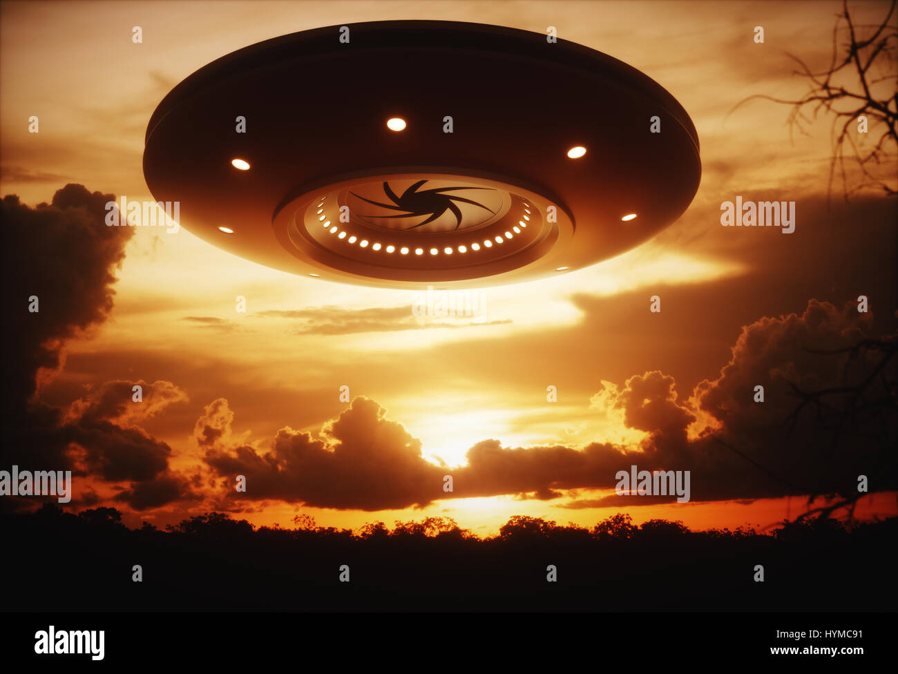 3D Darstellung mit der Fotografie. Außerirdisches Raumschiff unter den Sonnenuntergang. Stockfoto