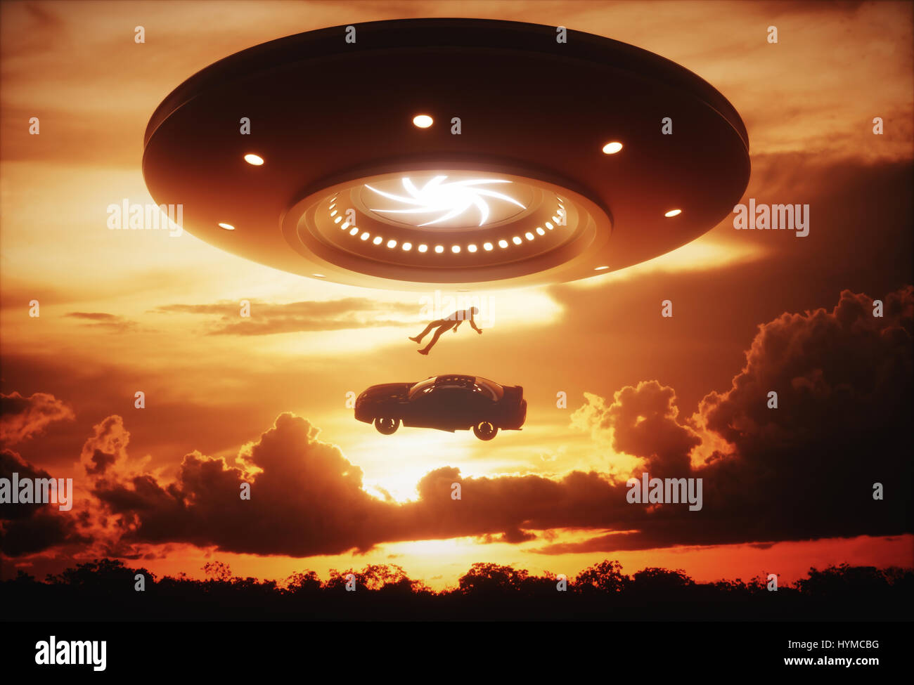 3D Illustration. Mann und sein Auto schweben in Alien Schiff. Konzept der Entführung durch Außerirdische. Stockfoto