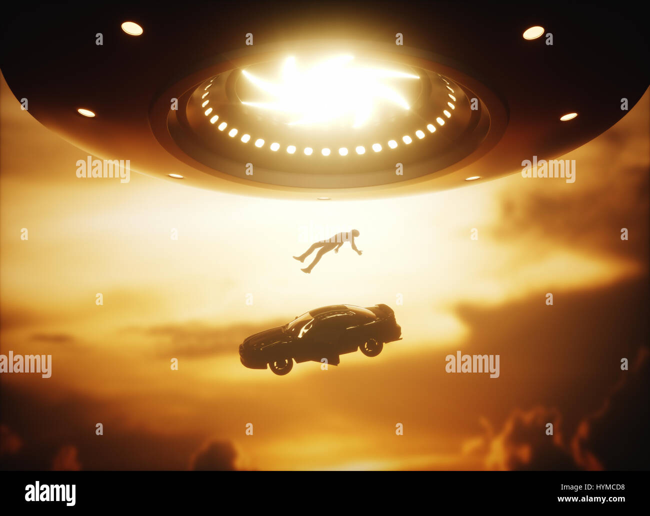 3D Illustration. Mann und sein Auto schweben in Alien Schiff. Konzept der Entführung durch Außerirdische. Stockfoto