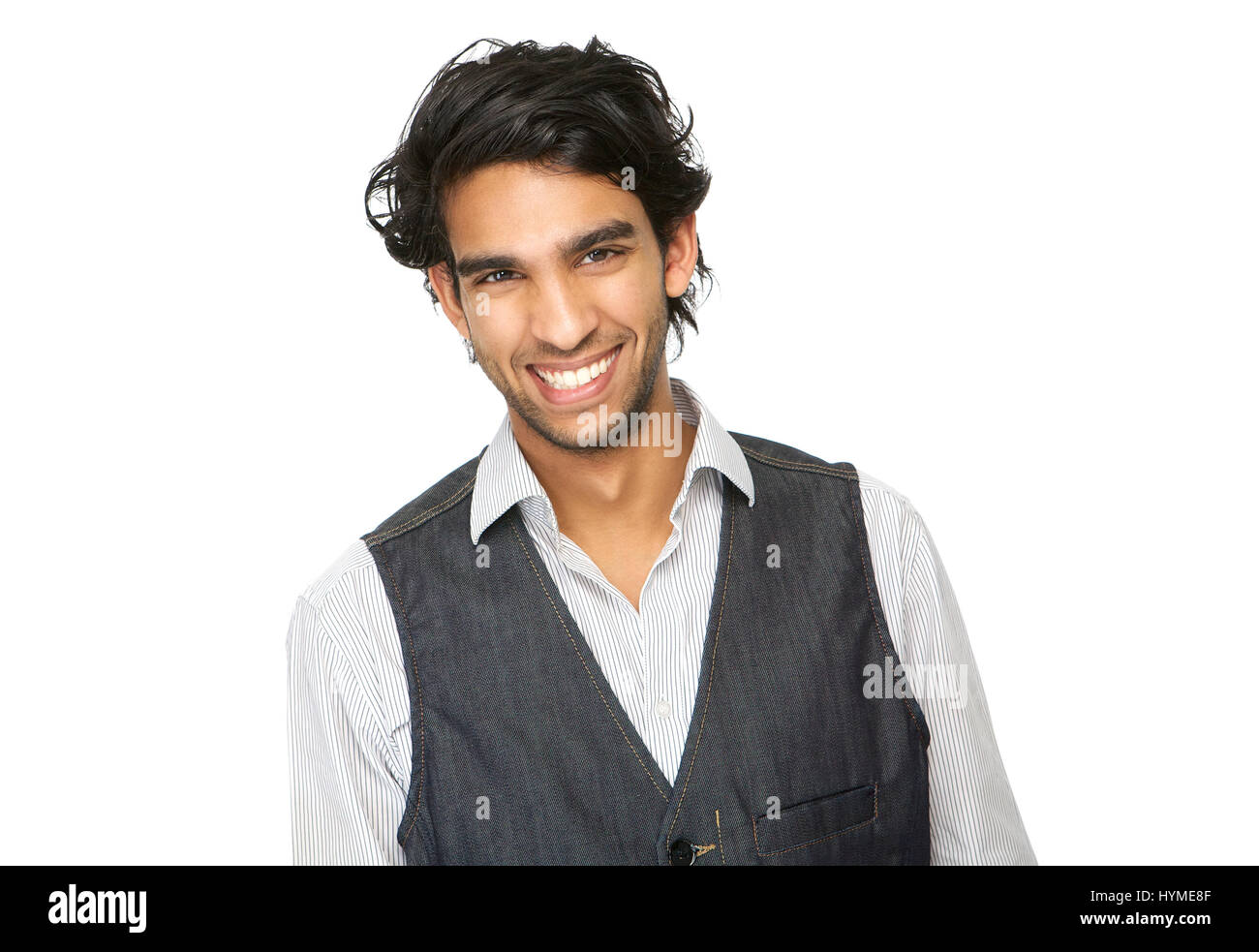 Porträt eines jungen Mannes auf isolierten weißen Hintergrund Lachen hautnah Stockfoto