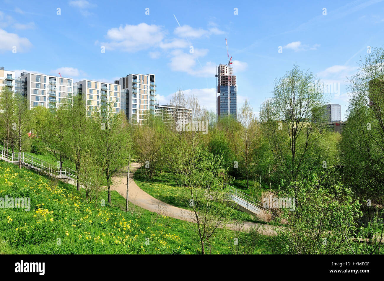 Neue Wohnanlagen und Landschaftsgestaltung in Stratford in Londons East End, Großbritannien Stockfoto